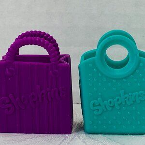 (2) 2" SHOPKINS Silicone Shopping Bags, Green, Purple EUC